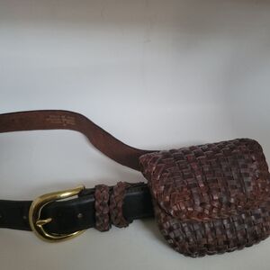 Ruff Hewn Womens Leather Brown Belt with Woven PouchSize Medium Boho Festival